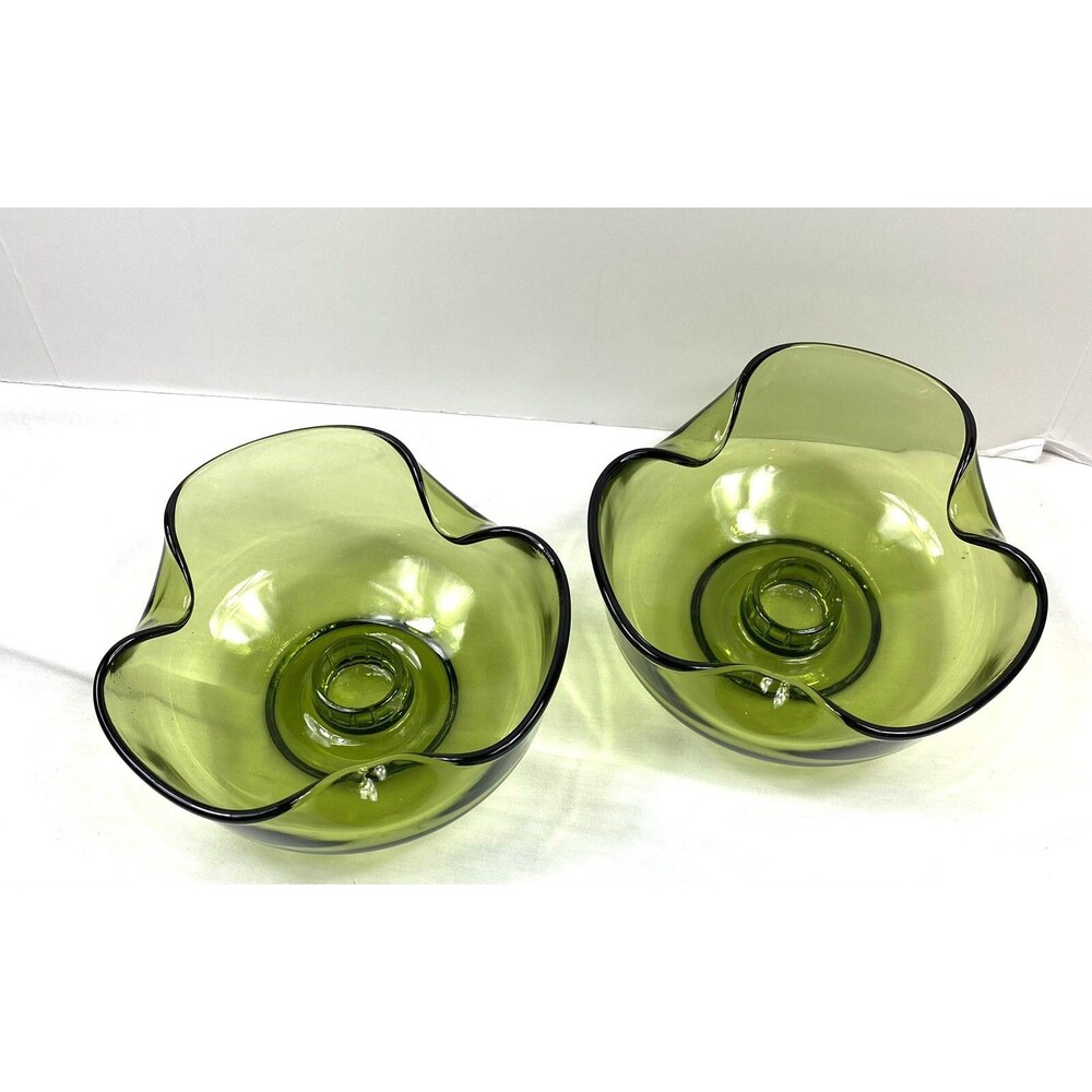 2 Vintage MCM Viking Glass Folded Candlestick Holders Green